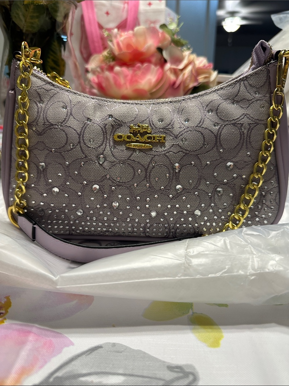 Coach Lilac Signature Crystal-Studded Shoulder Bag with Gold Chain